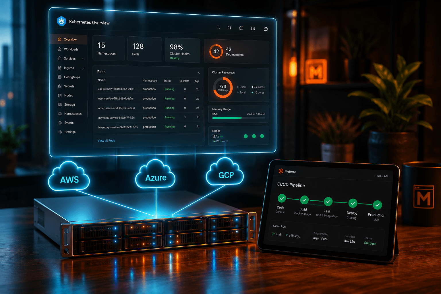 A sleek server rack with cyan LED indicators, floating cyan cloud icons for AWS, Azure and GCP connected by glowing lines, a Kubernetes Overview dashboard above, and a tablet showing a green CI/CD pipeline