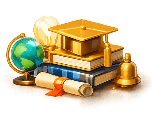 3D graduation cap stacked on books next to a globe and scroll