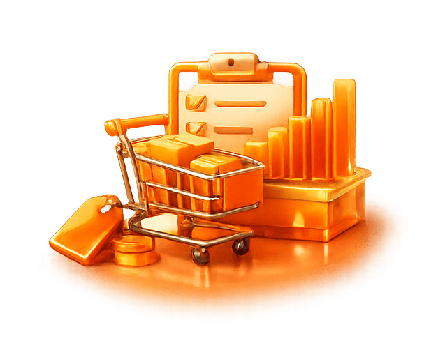 3D retail cart with shopping metrics on a clipboard