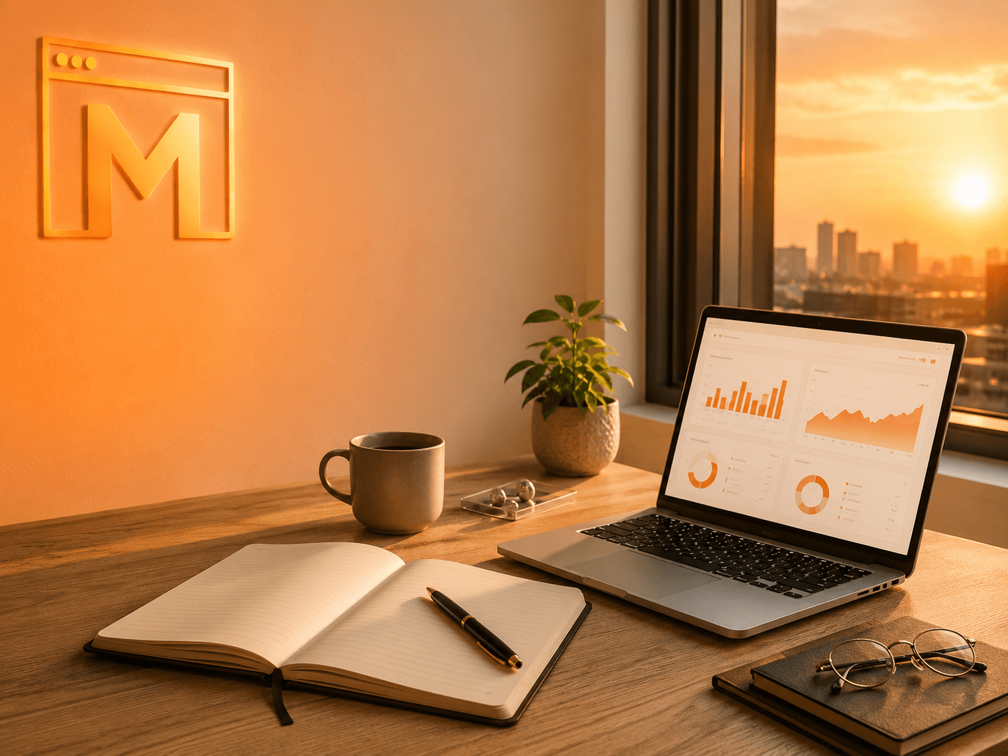 Editorial scene of the Mejona workspace: a sunlit wooden desk with an open notebook, a laptop showing the Mejona analytics dashboard, a ceramic coffee mug, a small potted plant and a window looking out to a warm orange sunset skyline. The Mejona M logo glows softly on the wall.