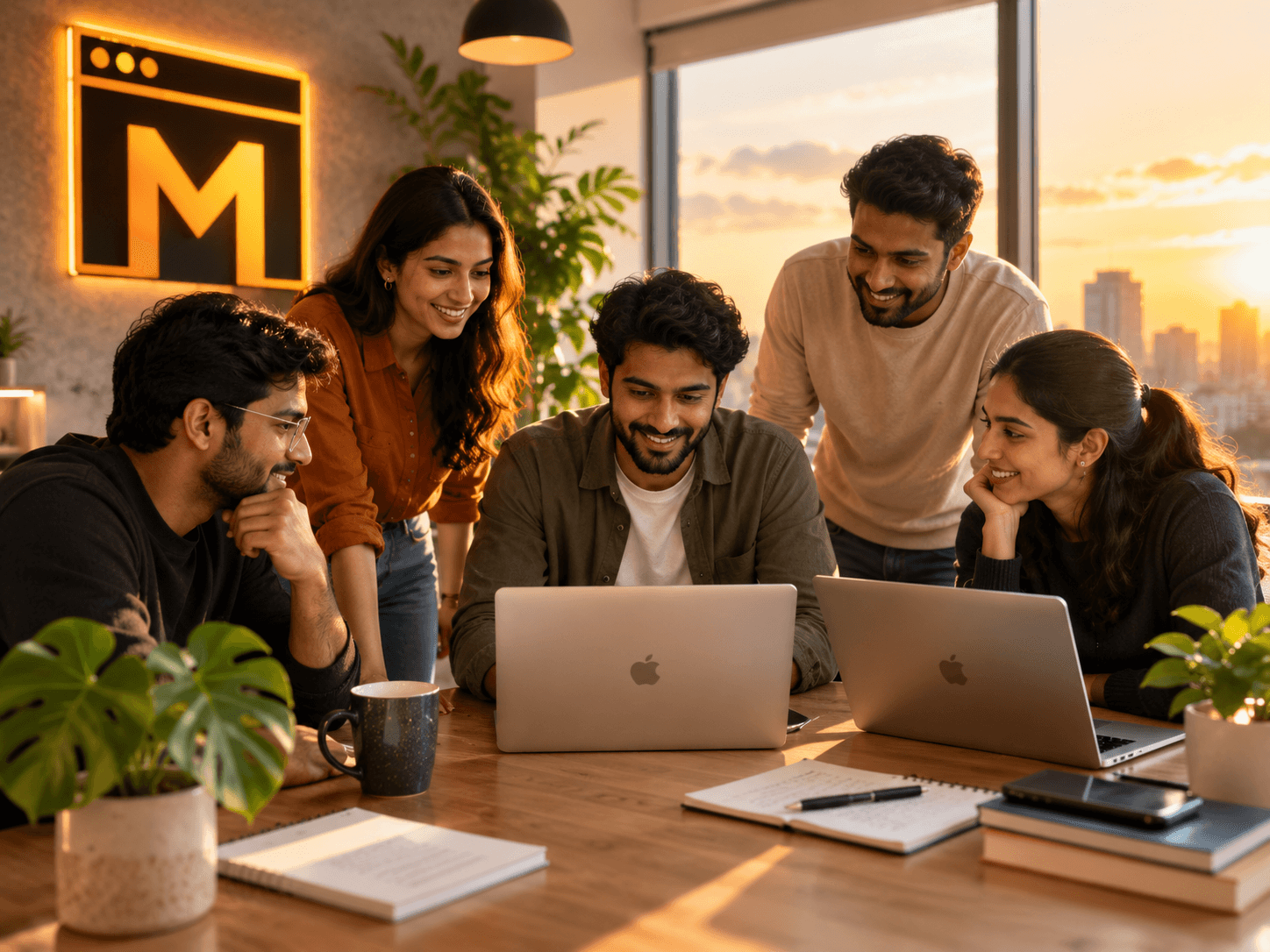 Mejona team gathered around a sunlit wooden desk with laptops and notebooks, a glowing orange Mejona M logo on the wall behind them, plants and a city skyline at golden hour