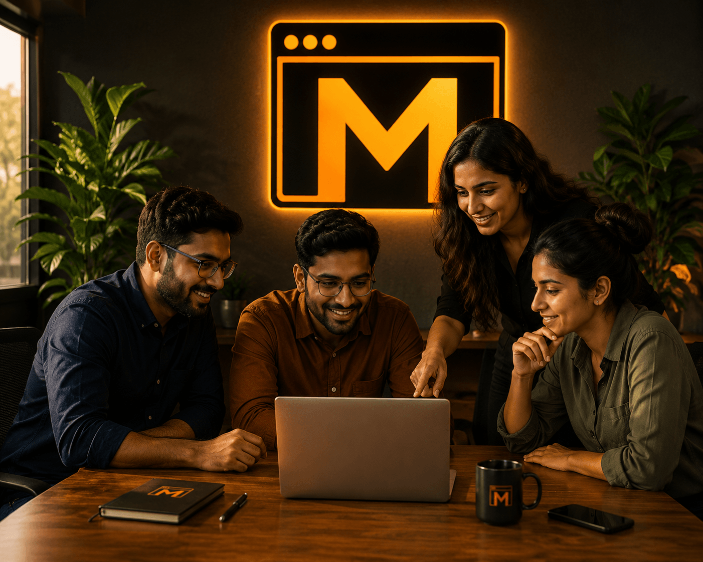 Four Mejona team members gathered around a wooden desk in a warm dark office, looking at a shared laptop screen showing analytics. Behind them a glowing orange Mejona M logo is mounted on the wall, with two potted plants flanking the scene.